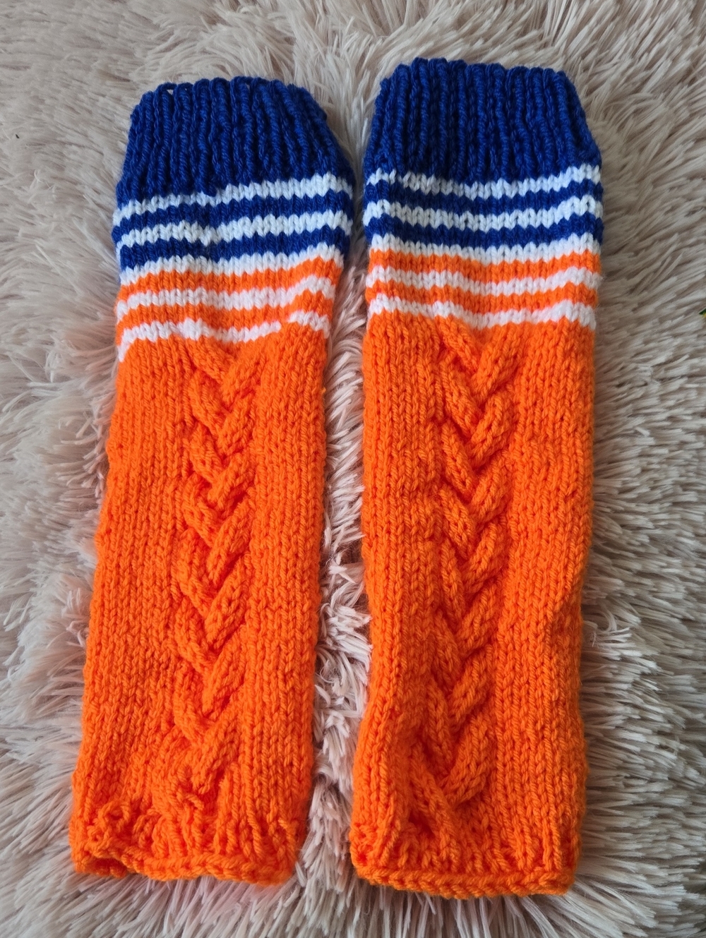 New Handknit Edmonton Oilers Cozy Orange Blue White Striped Leg Warmers